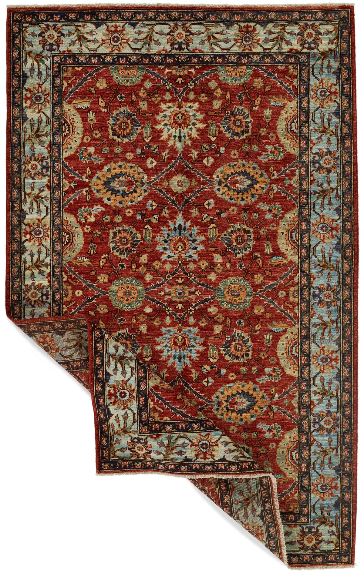 5x8 Rust and Blue Anatolian Traditional Rug