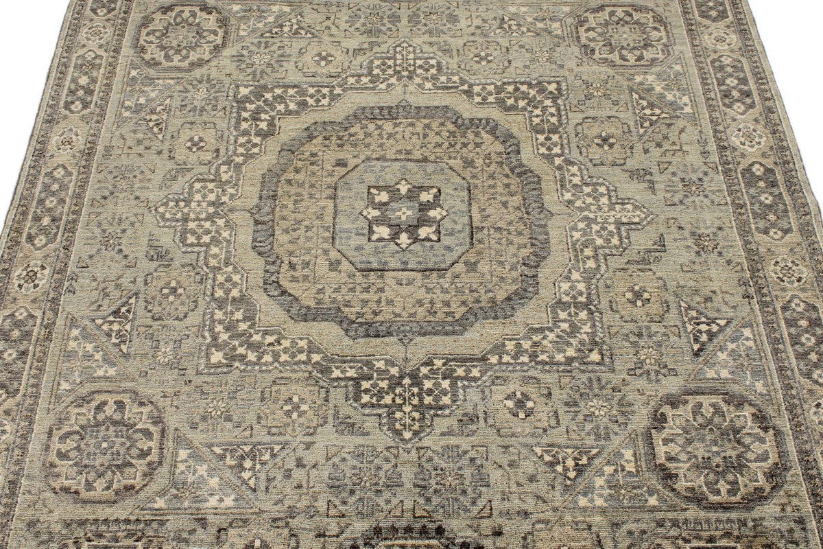 5x7 Green and Beige Turkish Tribal Rug