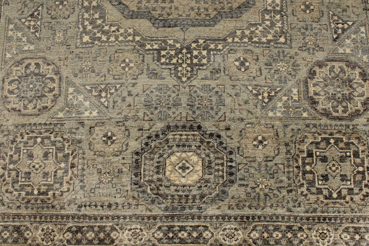 5x7 Green and Beige Turkish Tribal Rug
