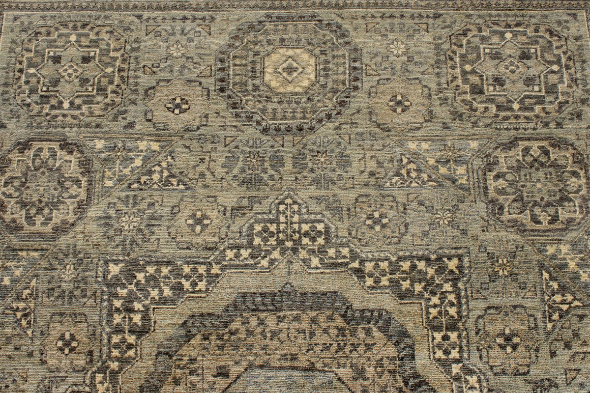 5x7 Green and Beige Turkish Tribal Rug