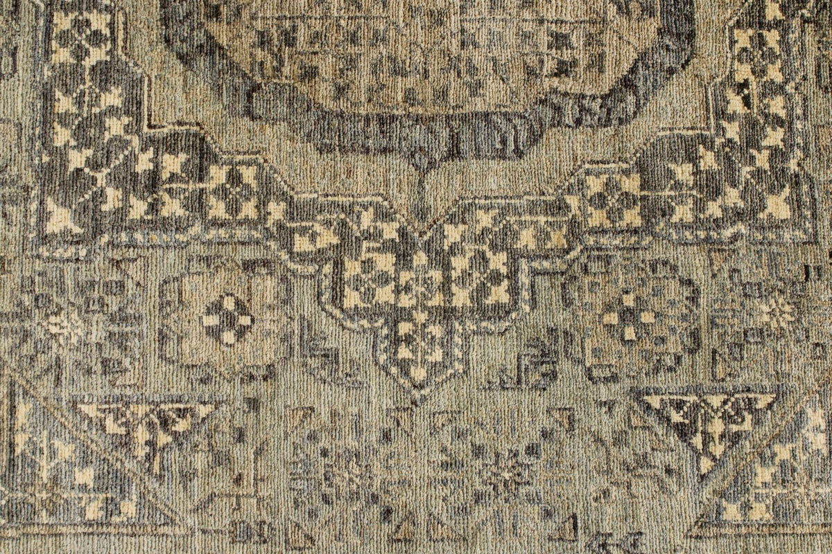 5x7 Green and Beige Turkish Tribal Rug
