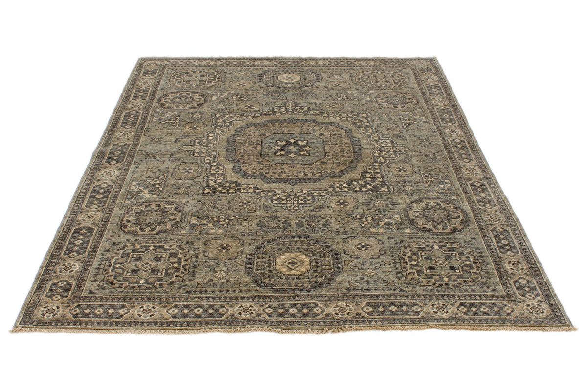 5x7 Green and Beige Turkish Tribal Rug