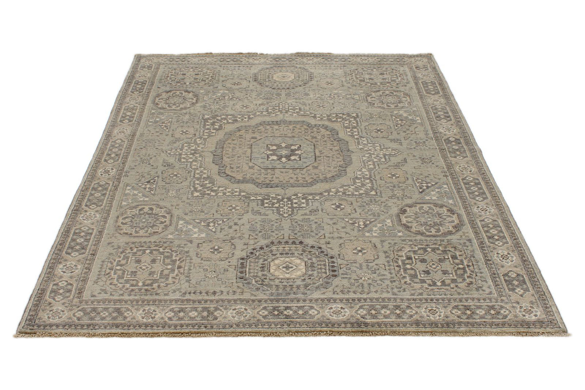 5x7 Green and Beige Turkish Tribal Rug