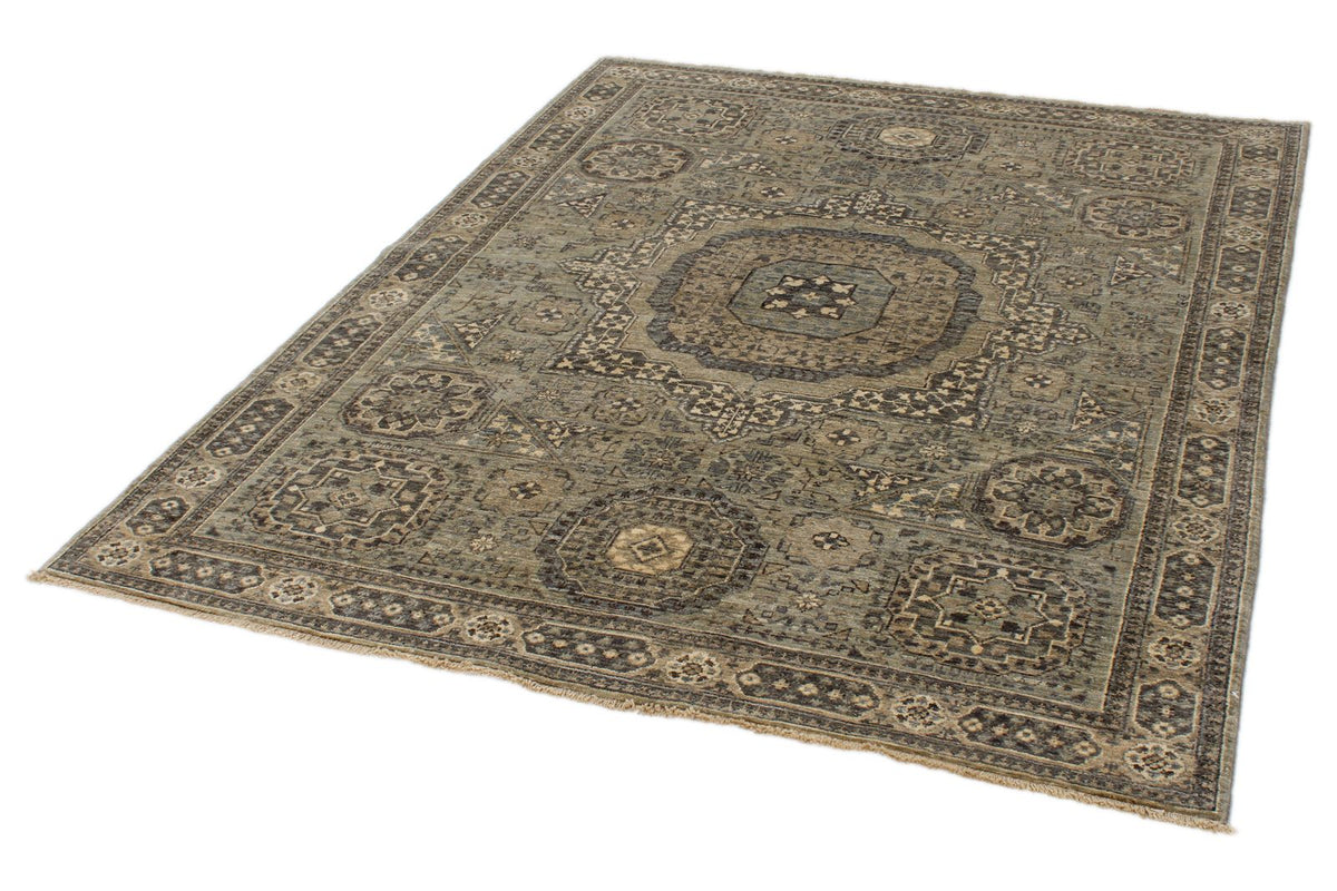 5x7 Green and Beige Turkish Tribal Rug