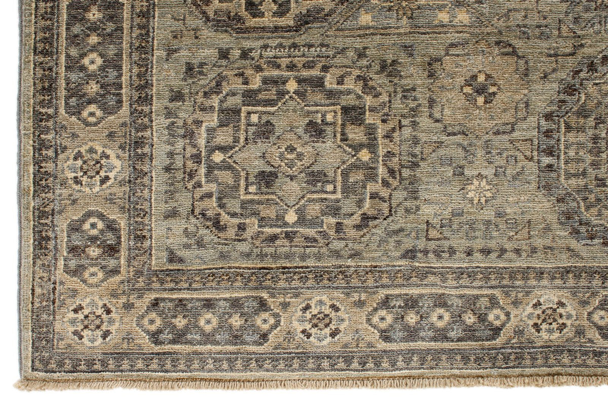 5x7 Green and Beige Turkish Tribal Rug