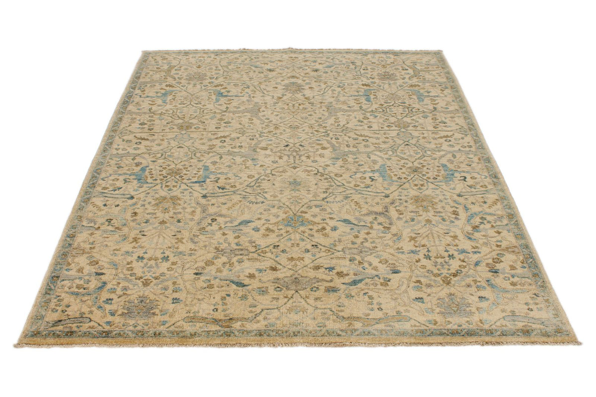 5x7 Ivory and Blue Anatolian Traditional Rug