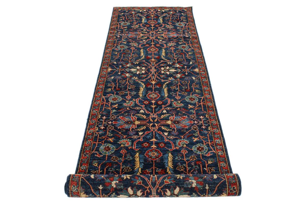 3x10 Navy and Red Traditional Rug