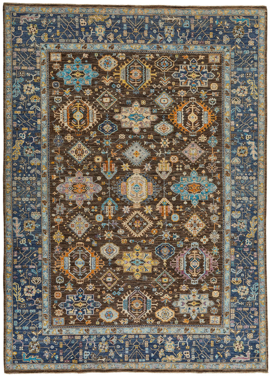 9x13 Gray and Blue Turkish Tribal Rug