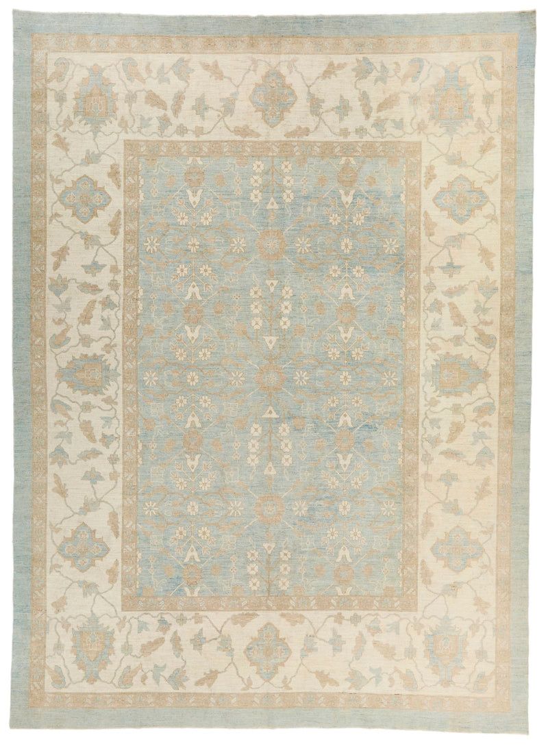 9x13 Light Blue and Ivory Turkish Oushak Rug