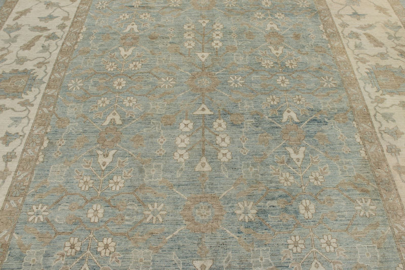 9x13 Light Blue and Ivory Turkish Oushak Rug