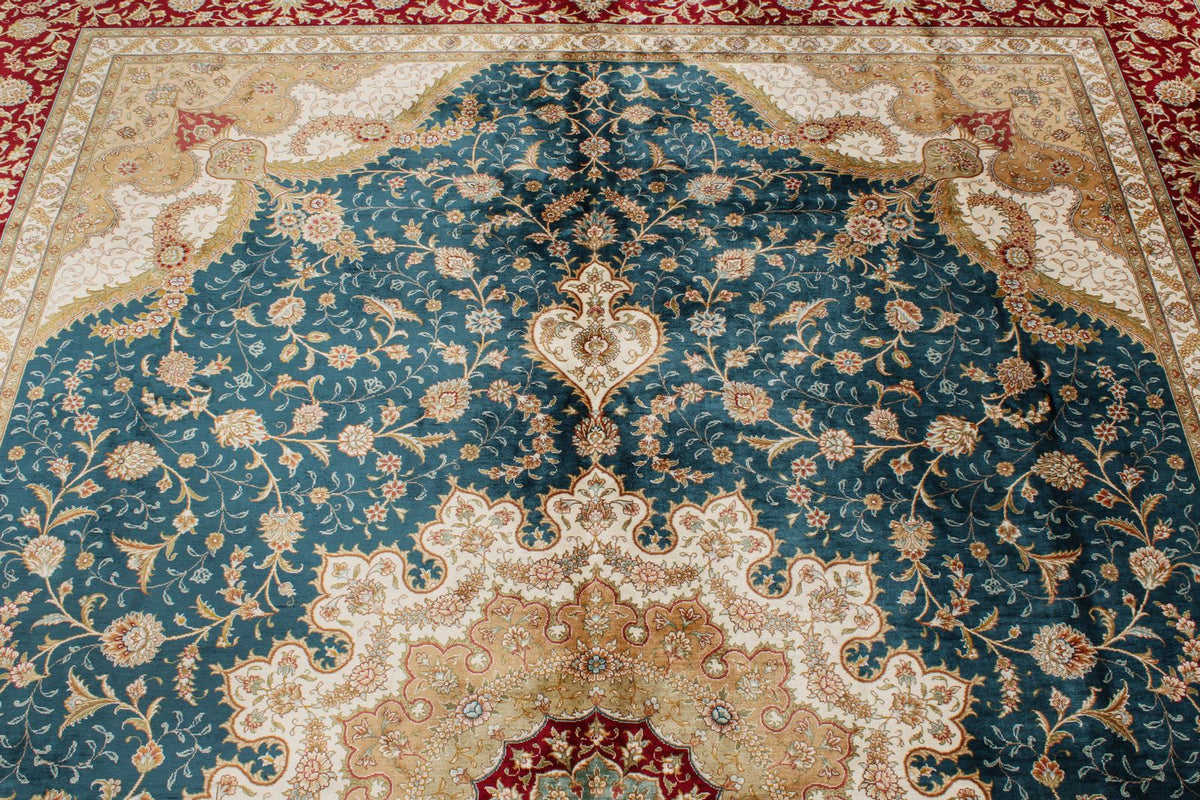 7x10 Blue and Red Turkish Silk Rug