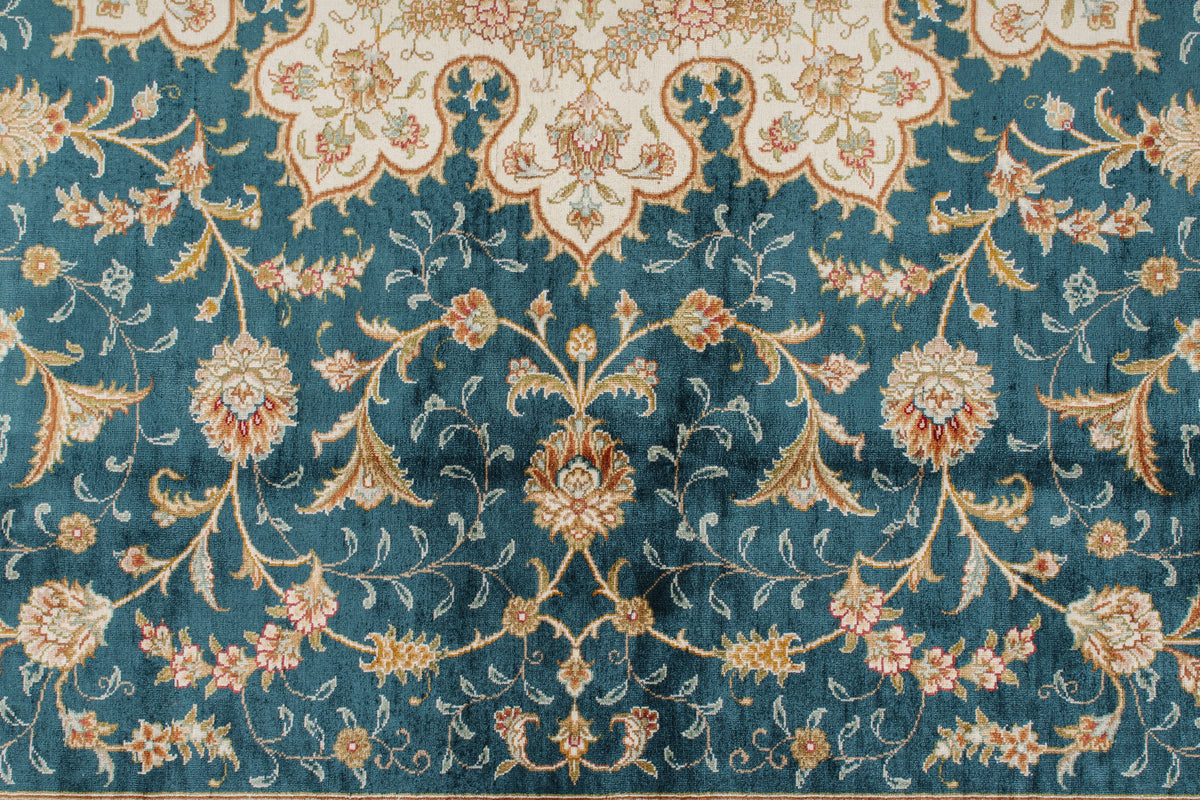 7x10 Blue and Red Turkish Silk Rug