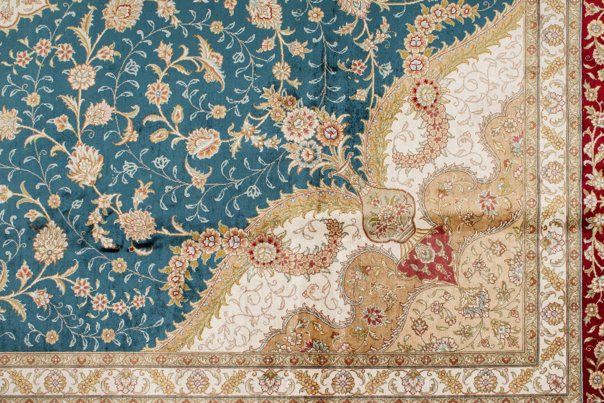 7x10 Blue and Red Turkish Silk Rug