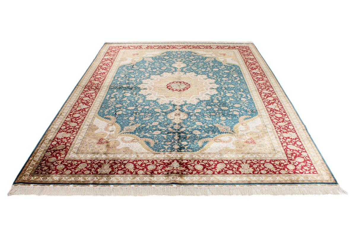 7x10 Blue and Red Turkish Silk Rug
