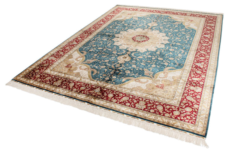 7x10 Blue and Red Turkish Silk Rug