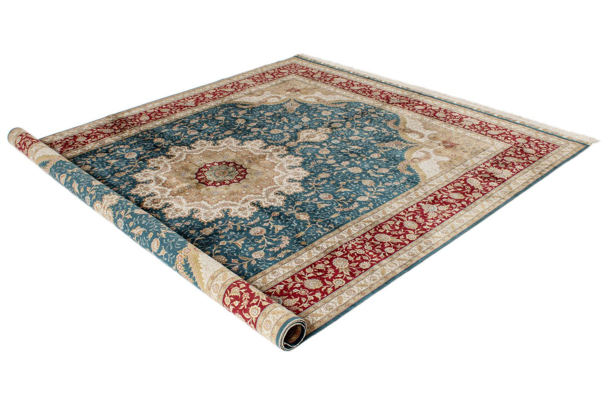 7x10 Blue and Red Turkish Silk Rug