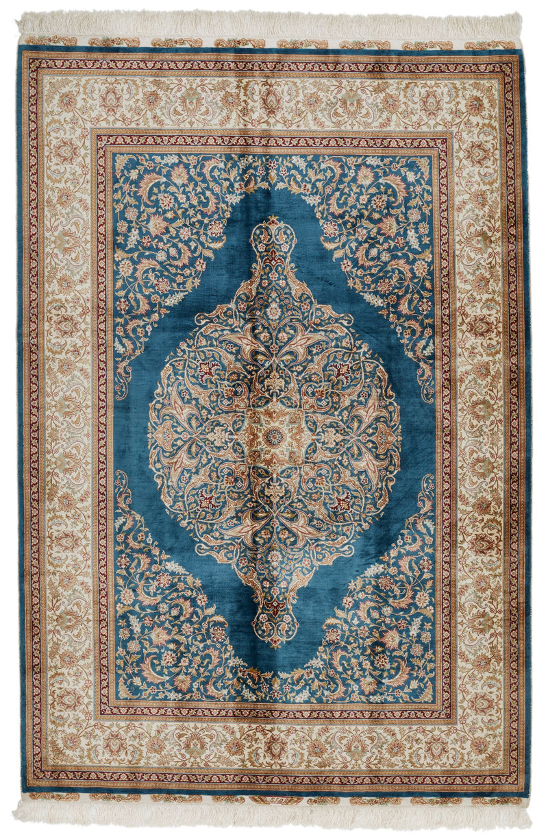 4x6 Blue and Ivory Turkish Silk Rug