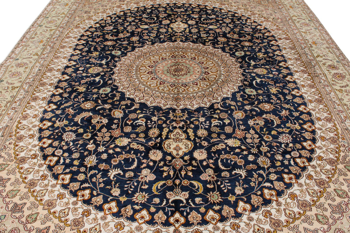 9x12 Navy and Green Turkish Silk Rug