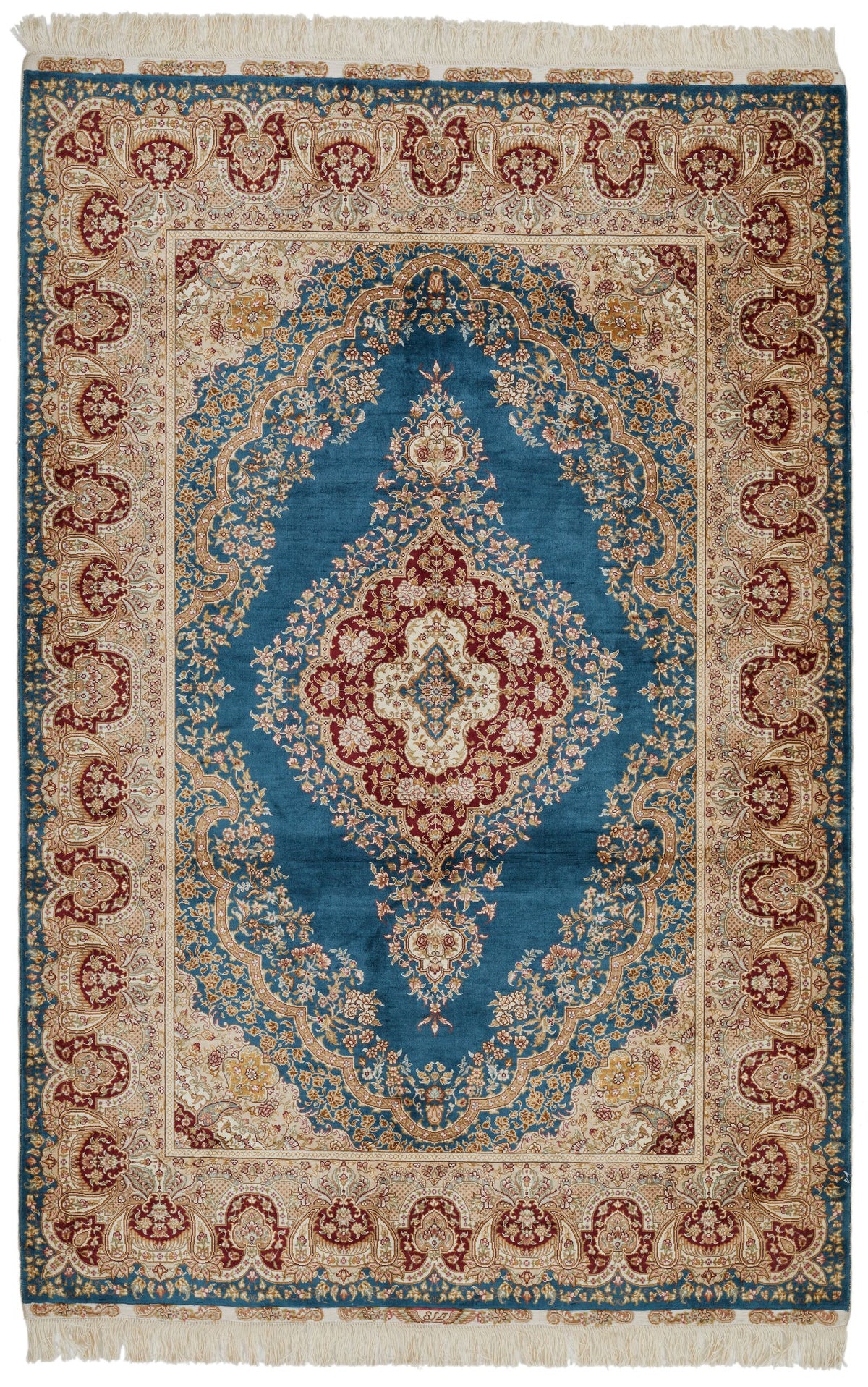 5x6 Blue and Ivory Turkish Silk Rug