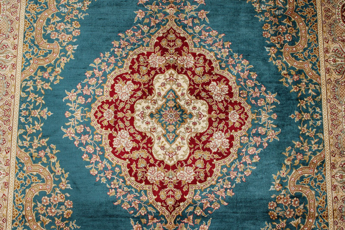 5x6 Blue and Ivory Turkish Silk Rug