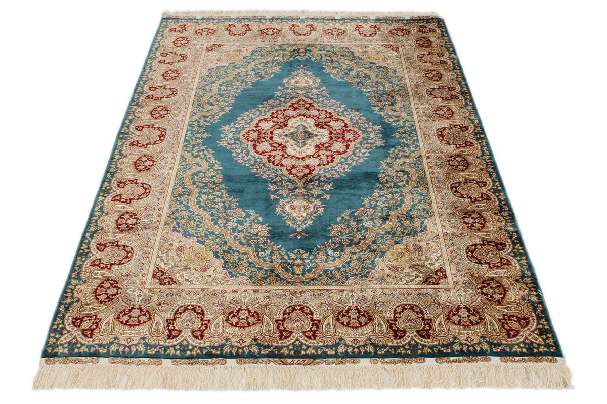 5x6 Blue and Ivory Turkish Silk Rug