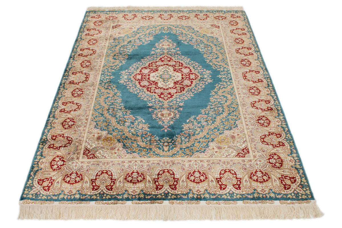 5x6 Blue and Ivory Turkish Silk Rug