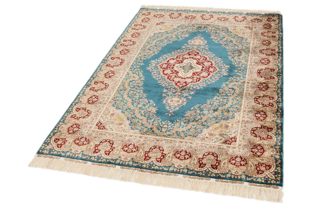 5x6 Blue and Ivory Turkish Silk Rug