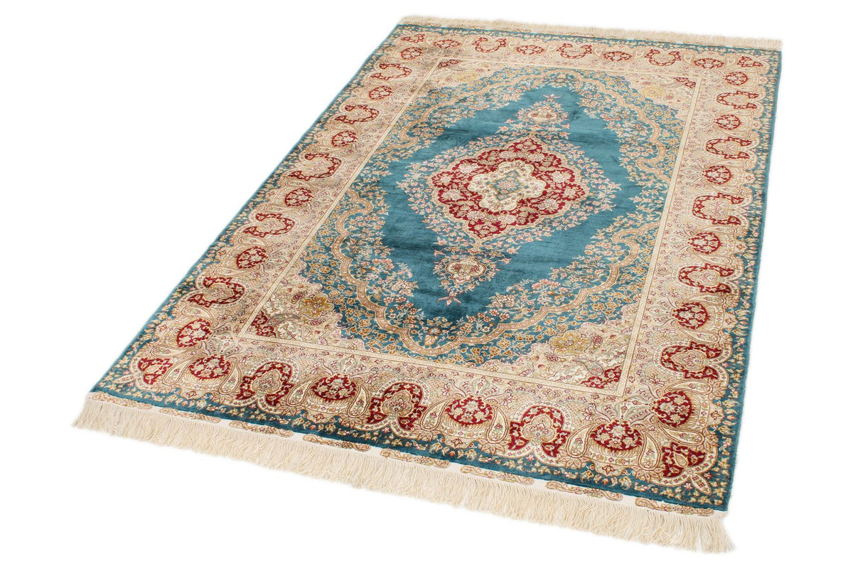 5x6 Blue and Ivory Turkish Silk Rug