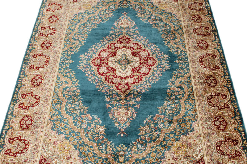 5x6 Blue and Ivory Turkish Silk Rug