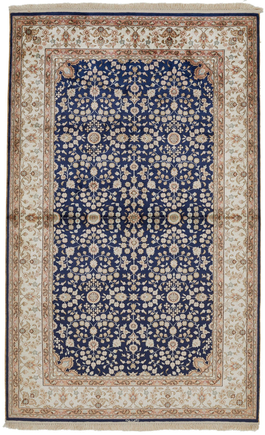 1x3 Blue and Ivory Turkish Silk Rug