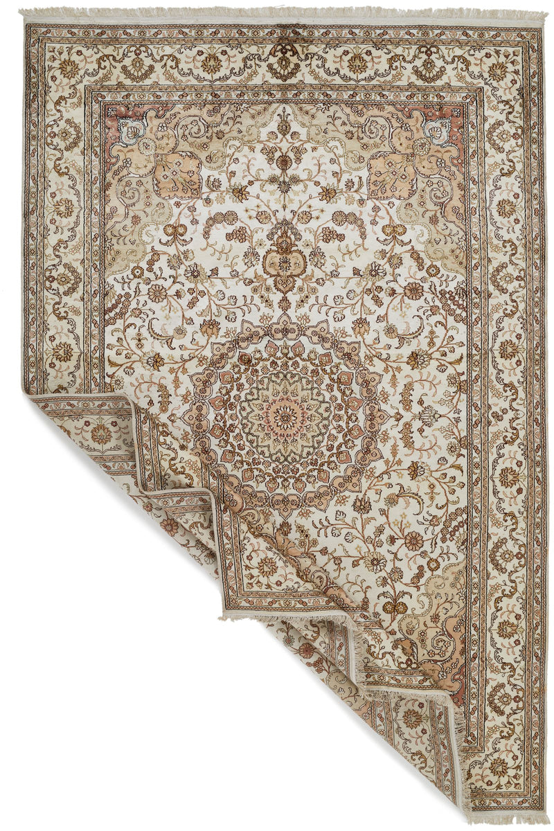 6x9 Ivory and Ivory Turkish Silk Rug