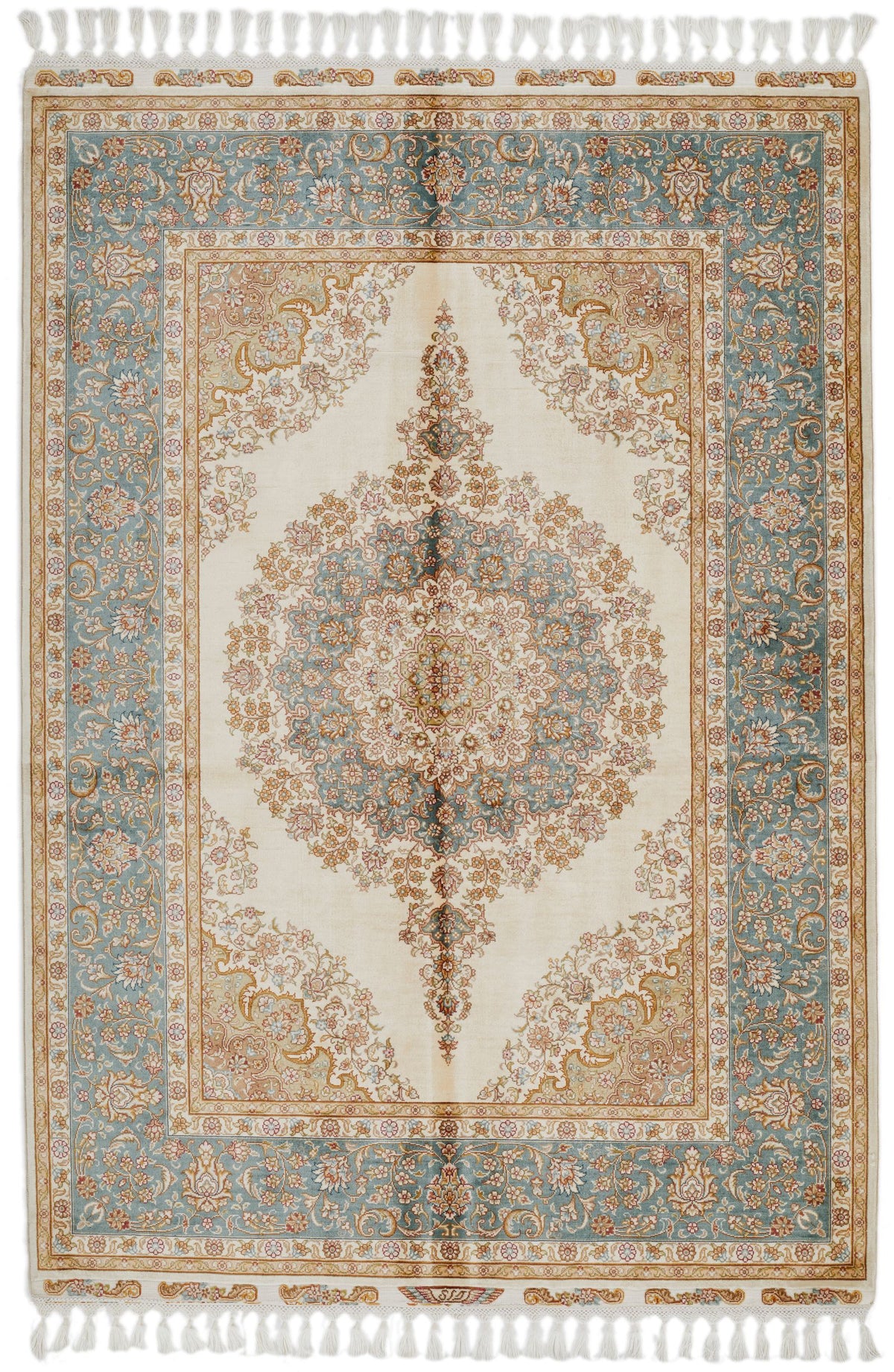 5x7 Ivory and Blue Turkish Silk Rug