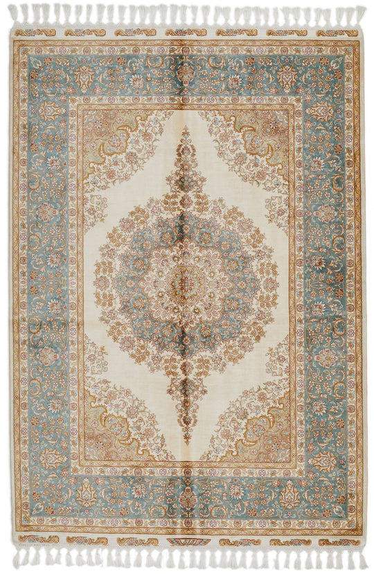 5x7 Ivory and Blue Turkish Silk Rug