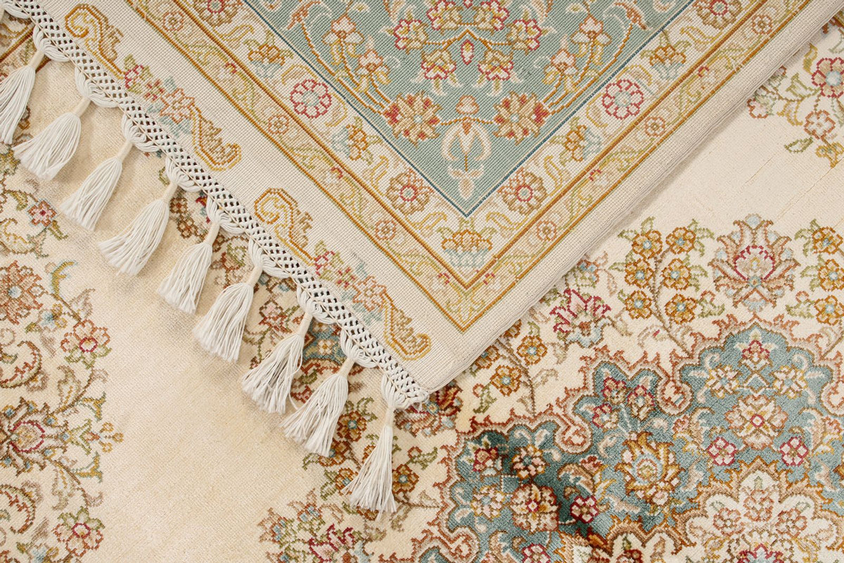 5x7 Ivory and Blue Turkish Silk Rug
