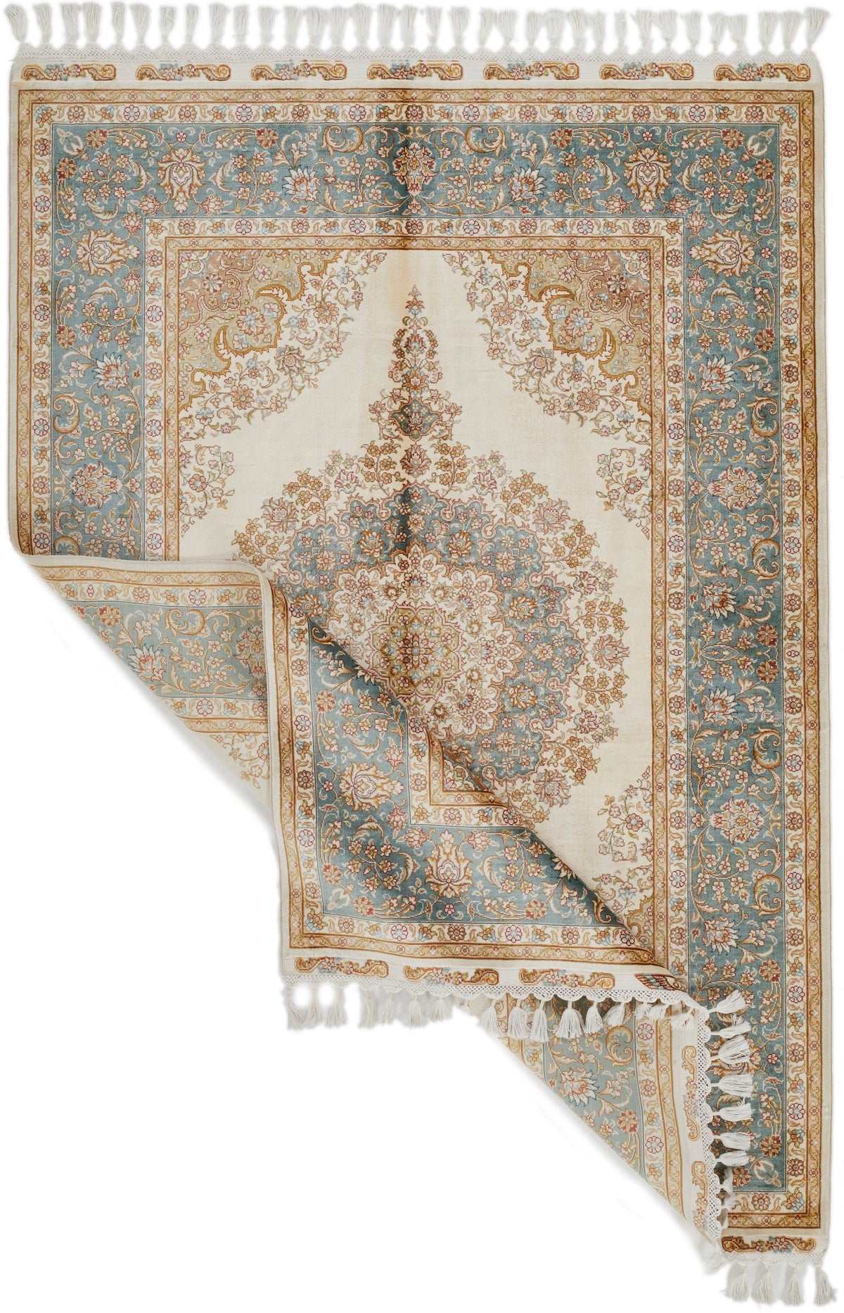 5x7 Ivory and Blue Turkish Silk Rug