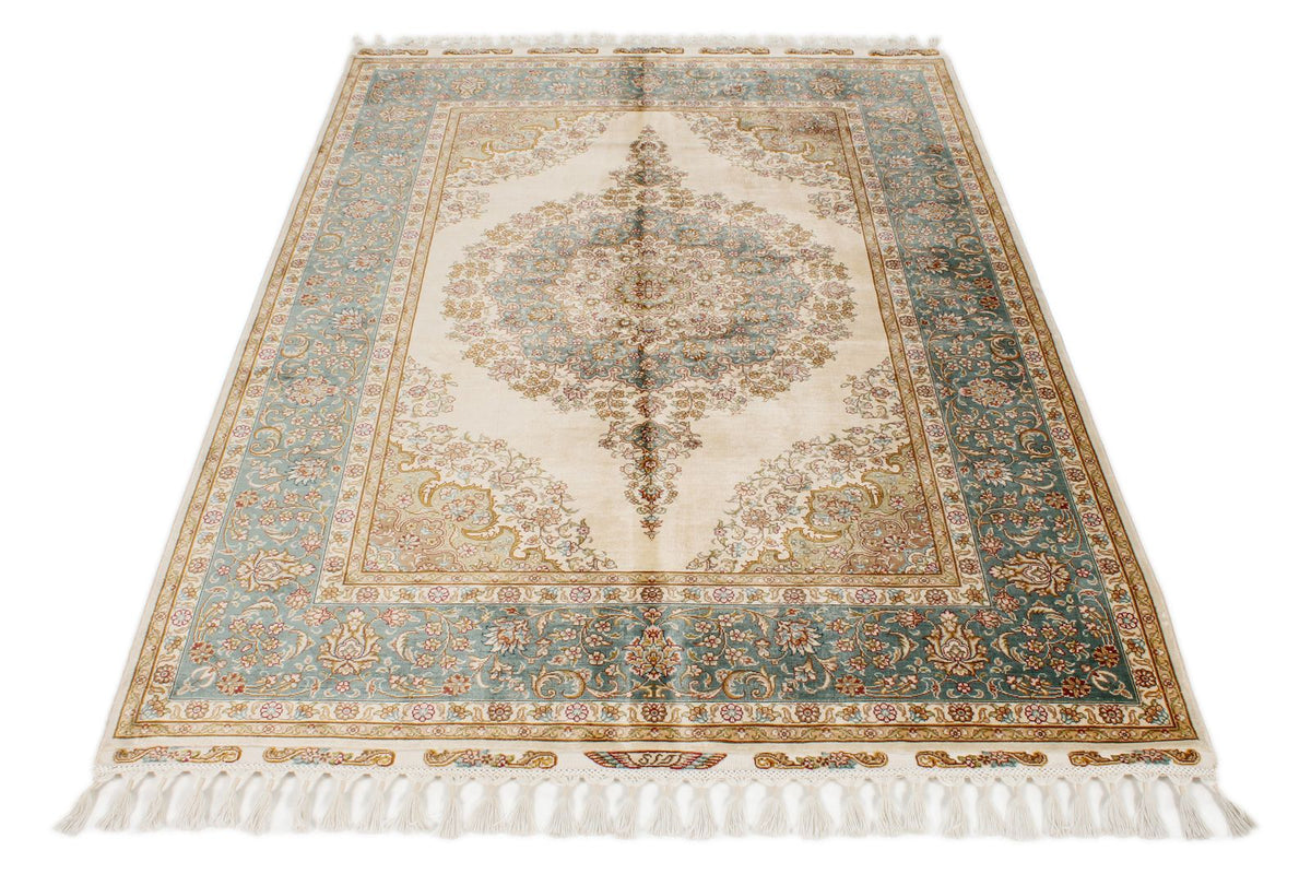 5x7 Ivory and Blue Turkish Silk Rug