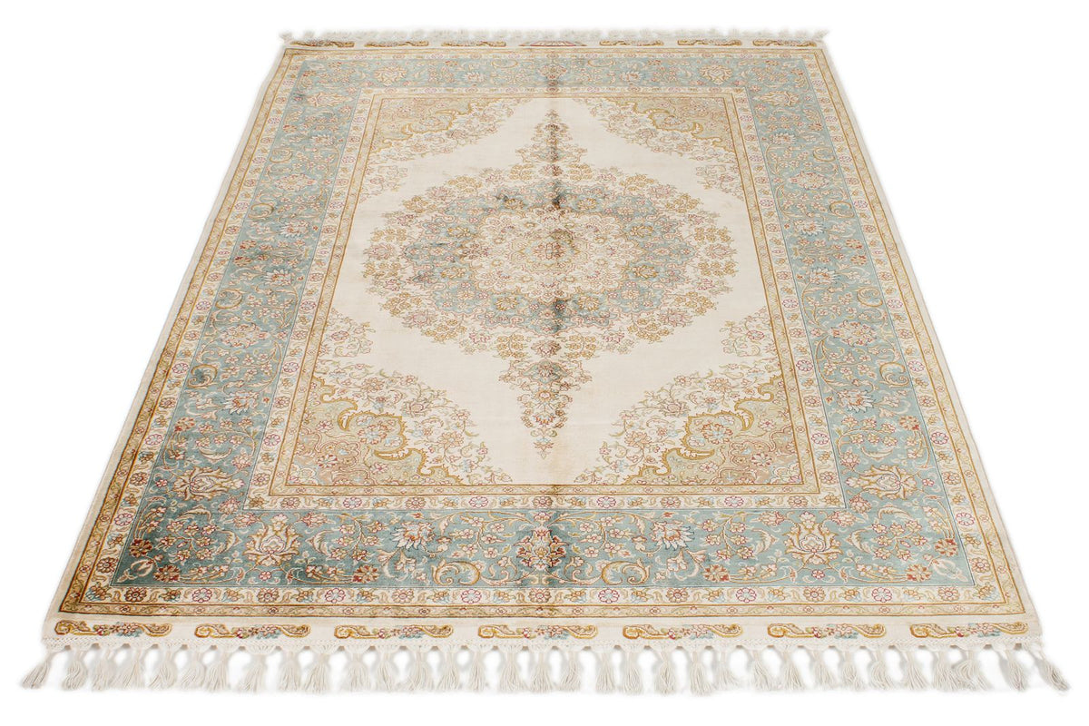 5x7 Ivory and Blue Turkish Silk Rug