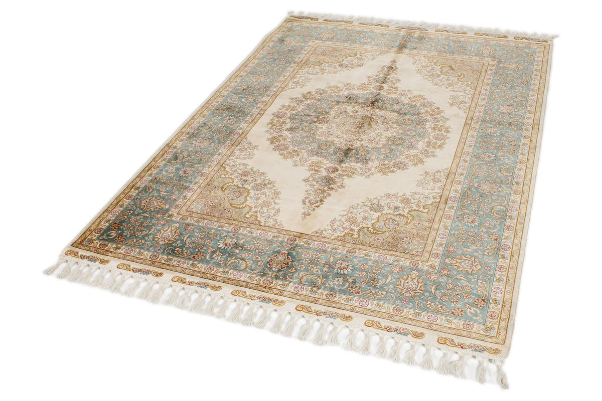 5x7 Ivory and Blue Turkish Silk Rug