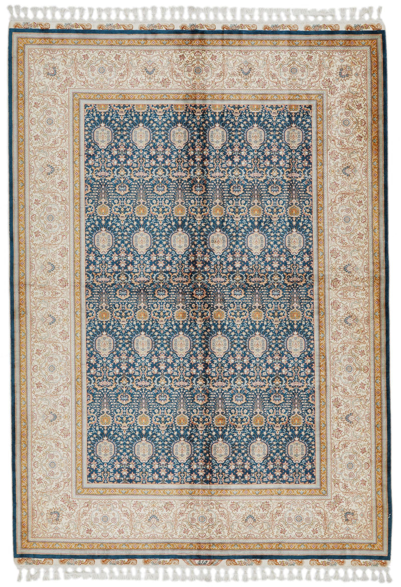6x8 Blue and Ivory Turkish Silk Rug