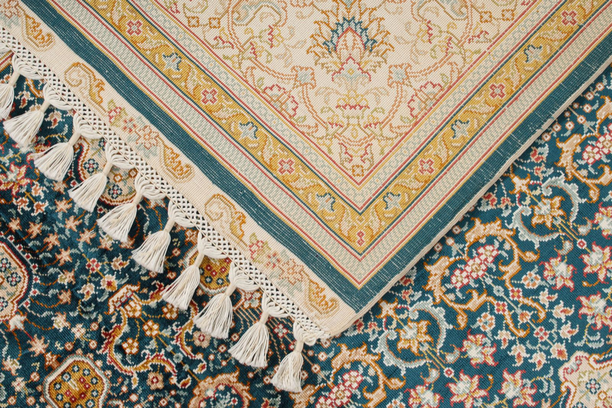 6x8 Blue and Ivory Turkish Silk Rug