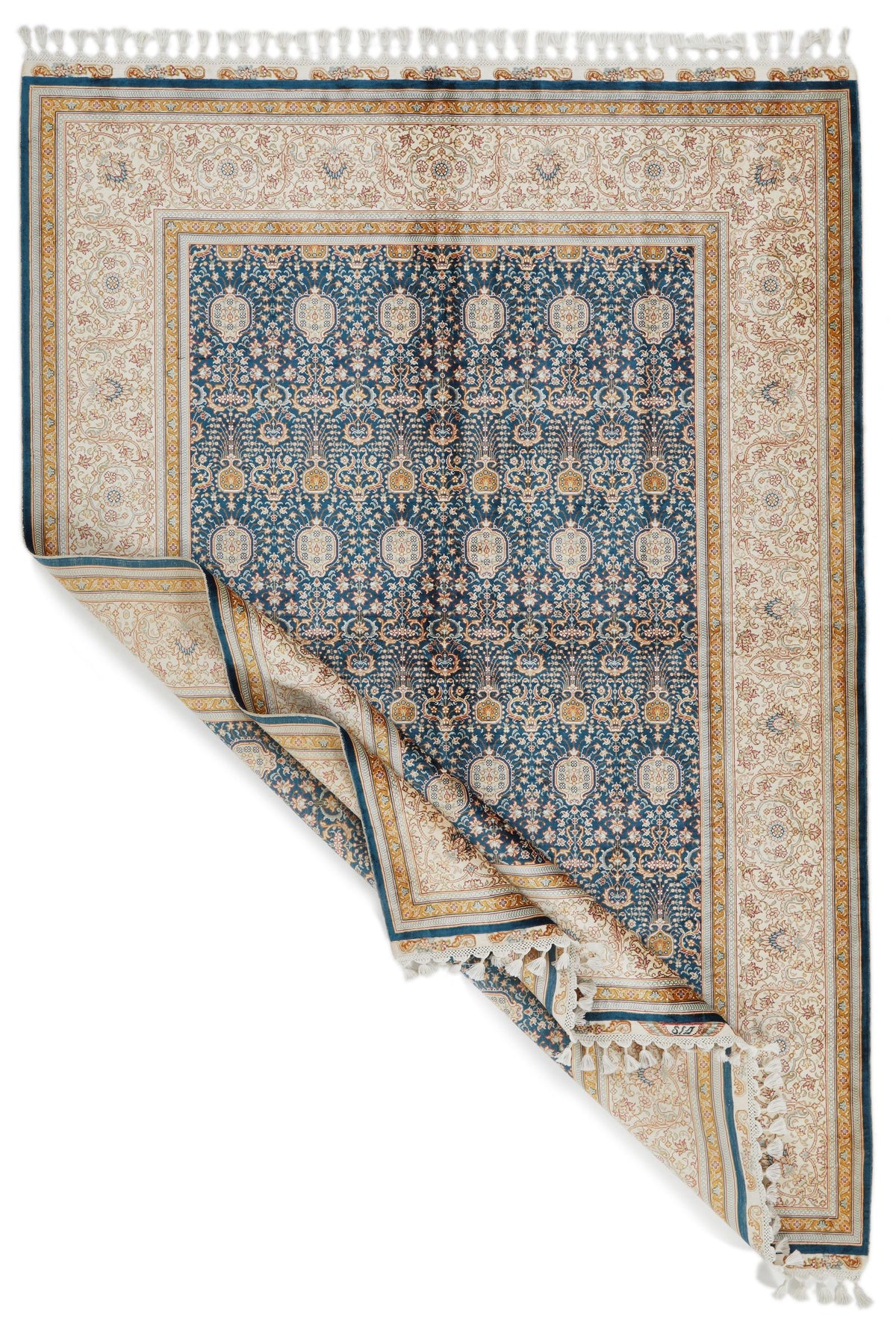 6x8 Blue and Ivory Turkish Silk Rug