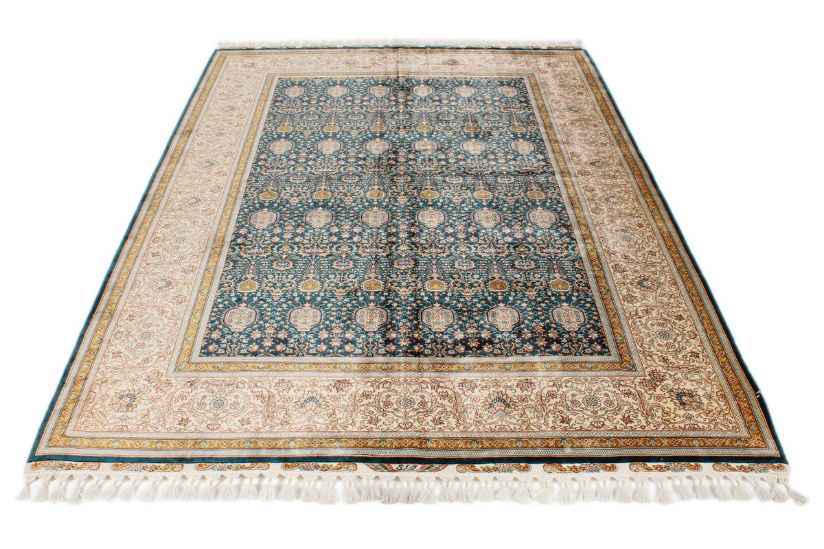 6x8 Blue and Ivory Turkish Silk Rug