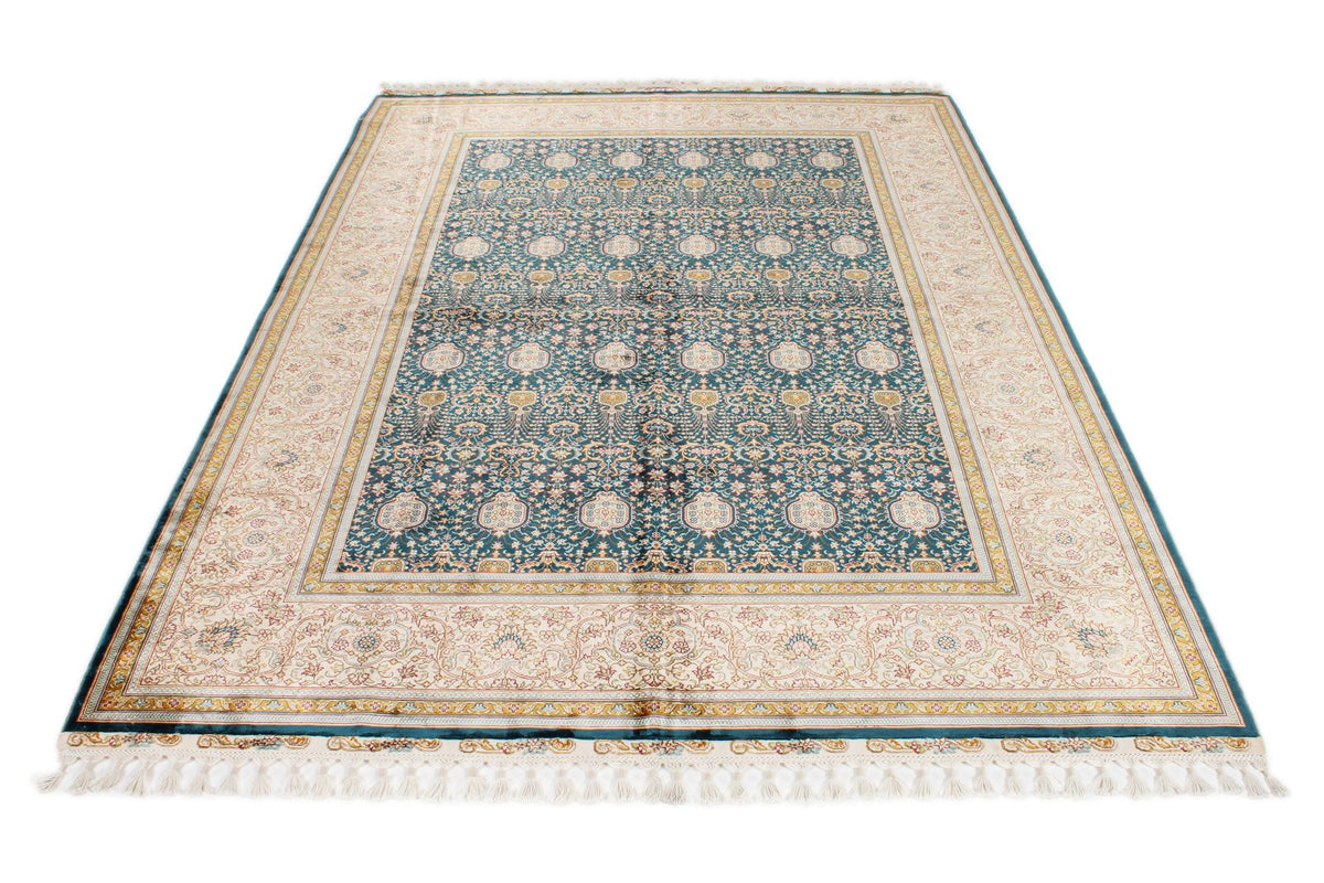 6x8 Blue and Ivory Turkish Silk Rug