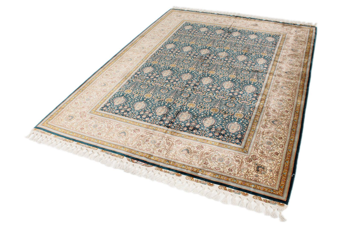 6x8 Blue and Ivory Turkish Silk Rug