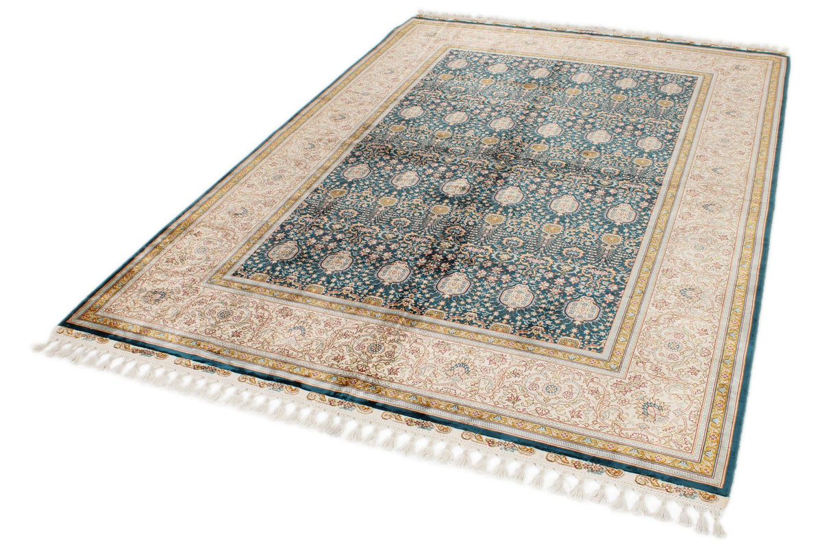 6x8 Blue and Ivory Turkish Silk Rug