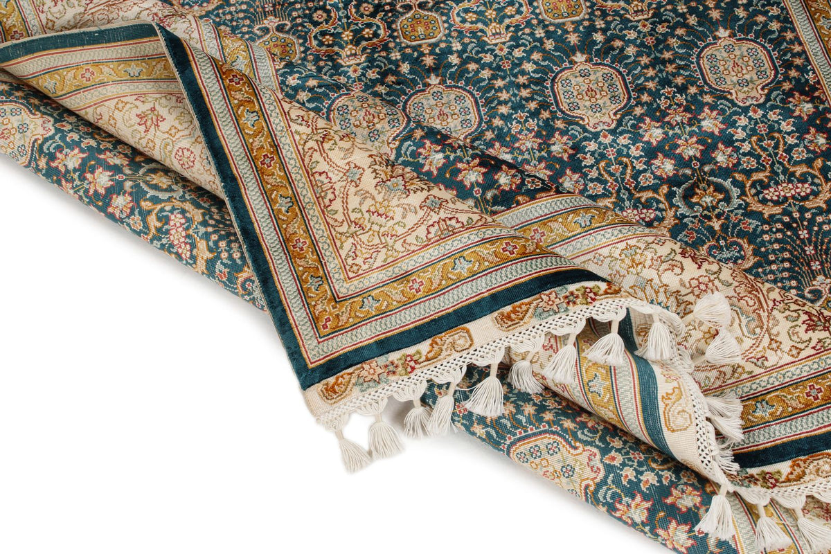 6x8 Blue and Ivory Turkish Silk Rug