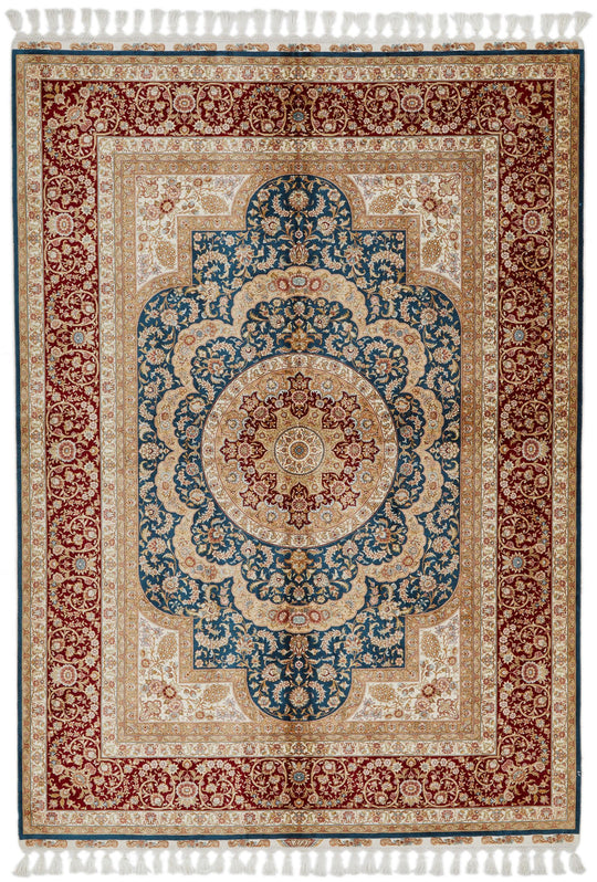 6x8 Blue and Red Turkish Silk Rug