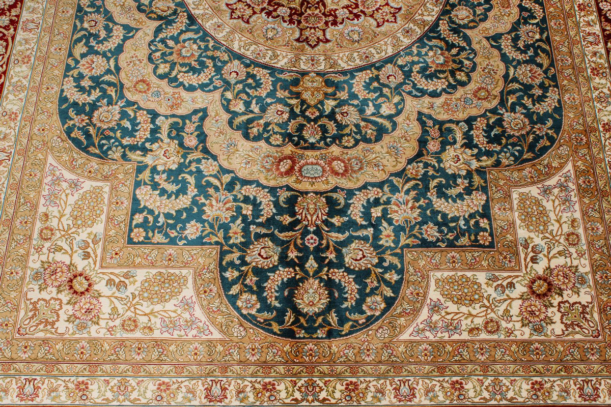 6x8 Blue and Red Turkish Silk Rug