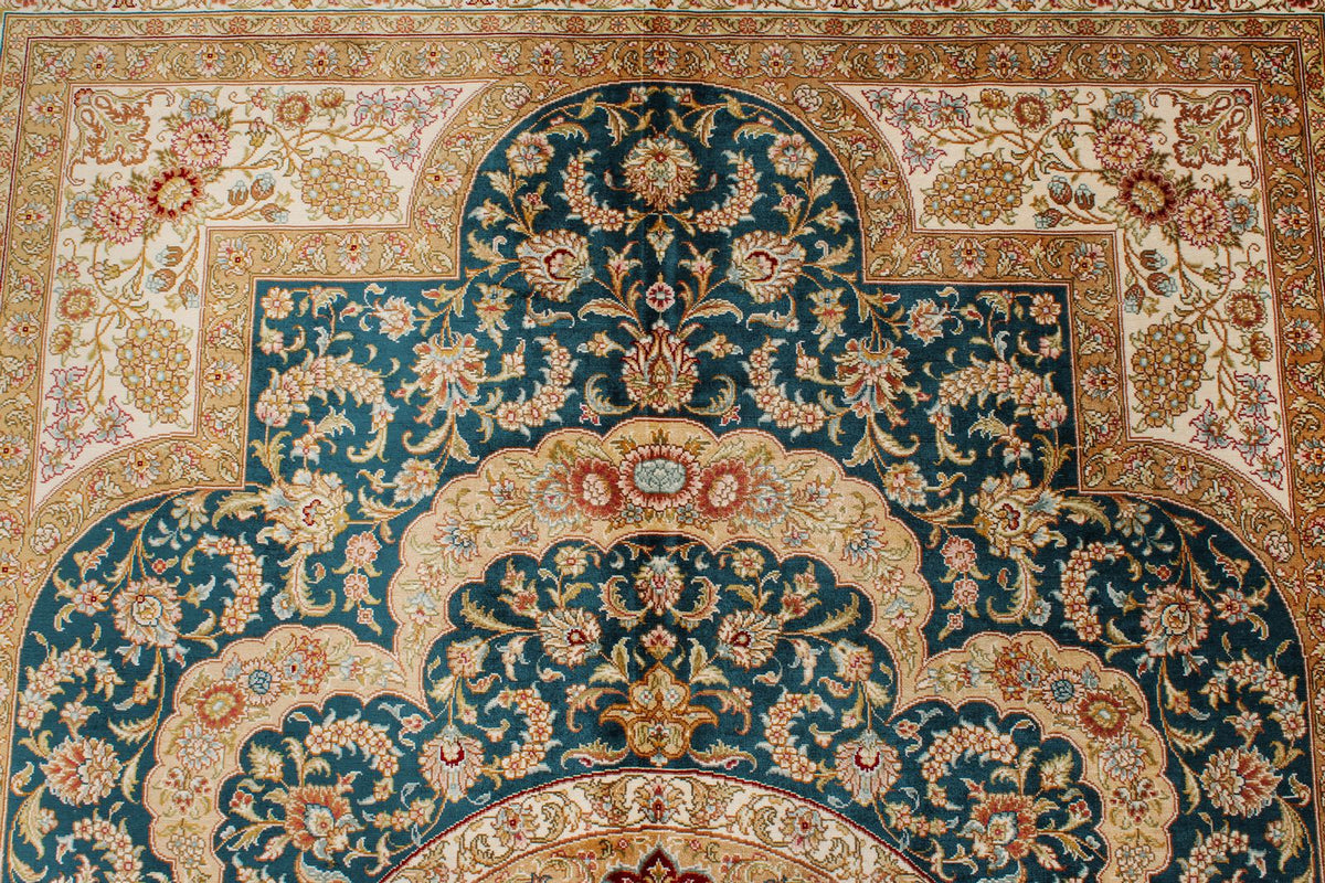 6x8 Blue and Red Turkish Silk Rug
