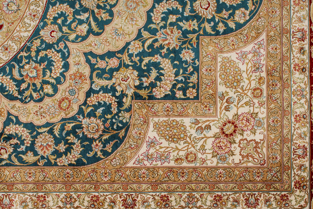 6x8 Blue and Red Turkish Silk Rug